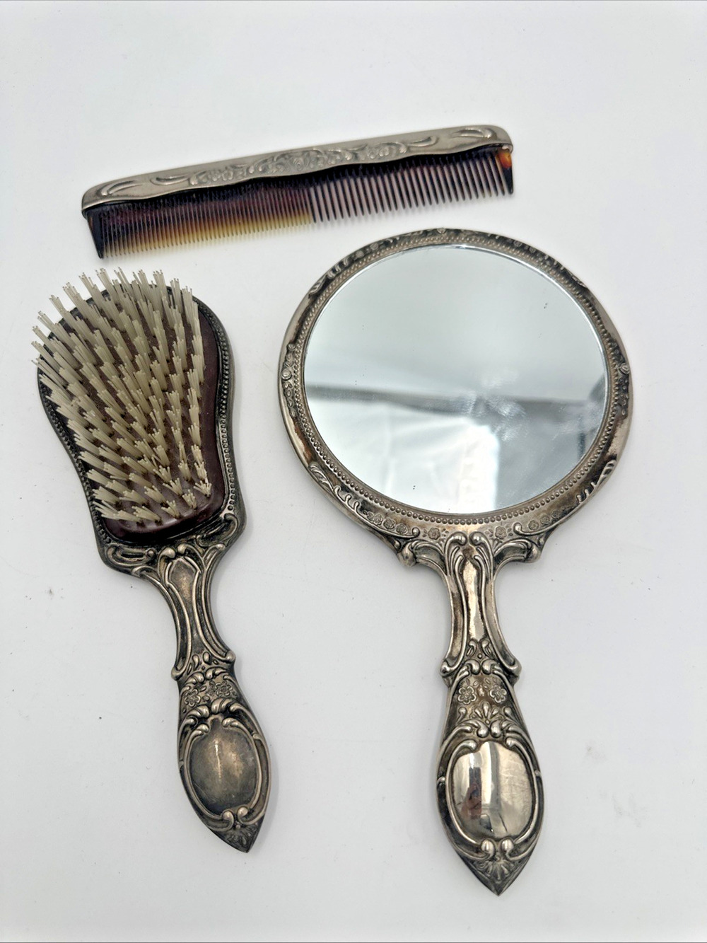 Vintage Heavy Mirror, Comb And Brush Vanity Set Silver Plated Set